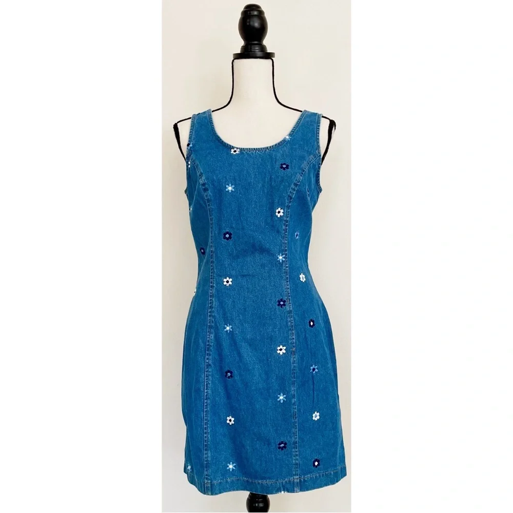 SOLD :: Vintage 90s Floral Embroidery Denim Mini Dress - Picture 2 of 6